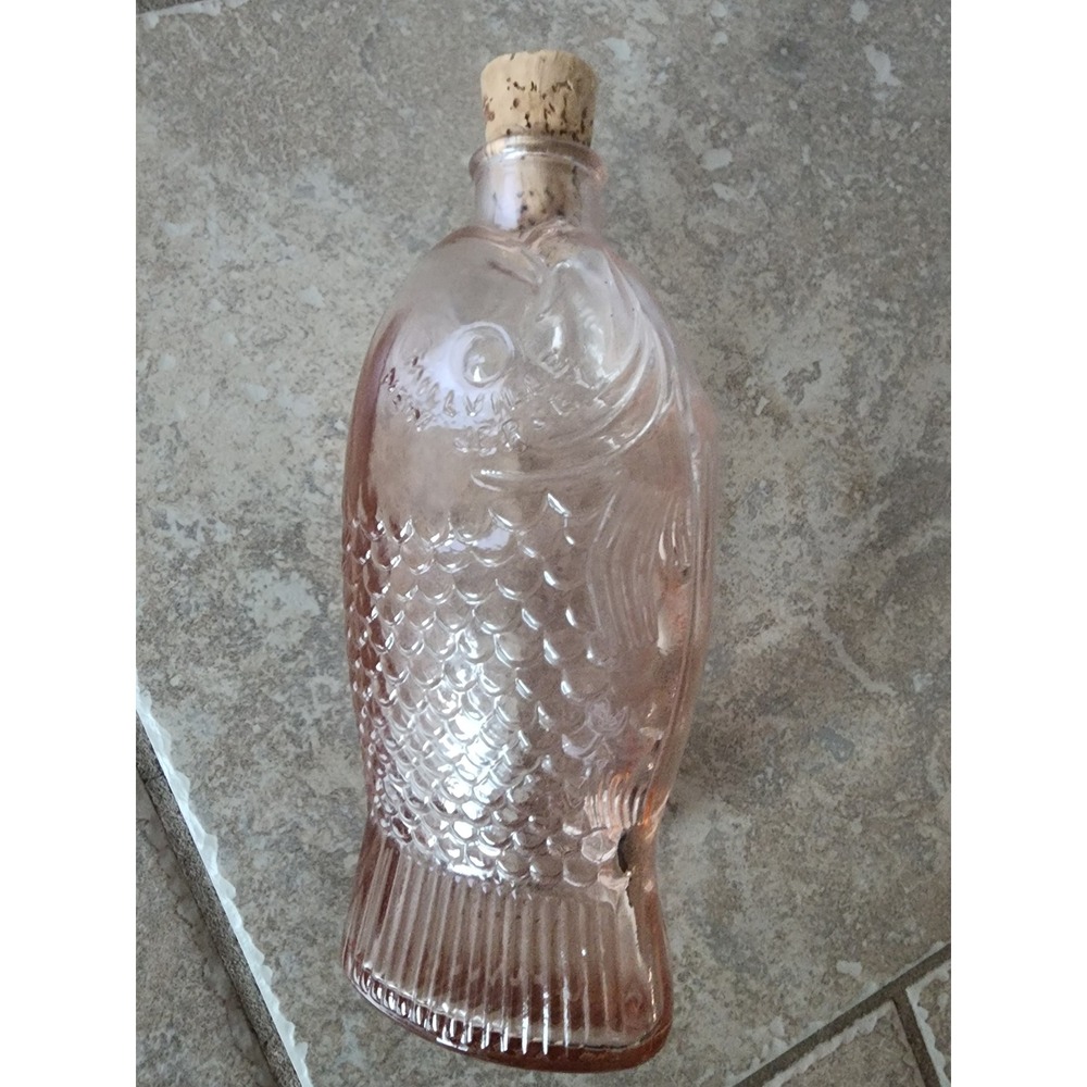 Vintage Pink Glass Fish Bottle Doctor Fischs Bitters Embossed Decanter with Cork